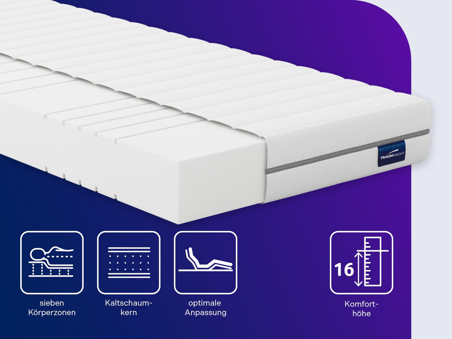 Traumnacht Orthopädische 7-Zonen Kaltschaummatratze, Härtegrad 3 (H3 - mittelfest), Öko-Tex zertifiziert, 140 x 200 cm, Höhe 16 cm, produziert nach deutschem Qualitätsstandard