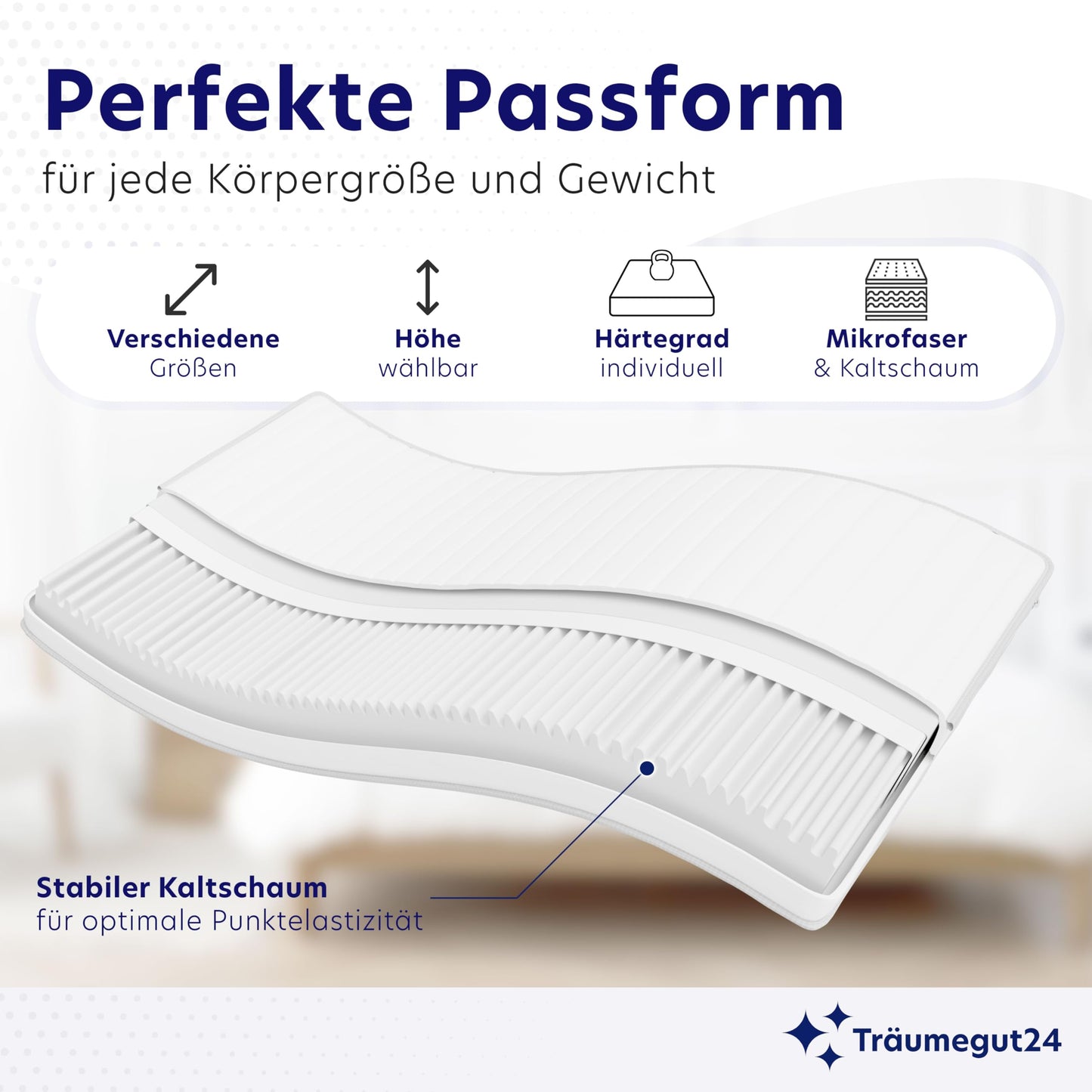 Träumegut24 AquaFlex 7-Zonen Matratze 140x200 cm | H2&H3 | Ergonomische Kaltschaummatratze | Hypoallergen & Antibakteriell | Bezug abnehmbar & waschbar | Oeko-TEX® | (19cm, 140 x 200 cm)