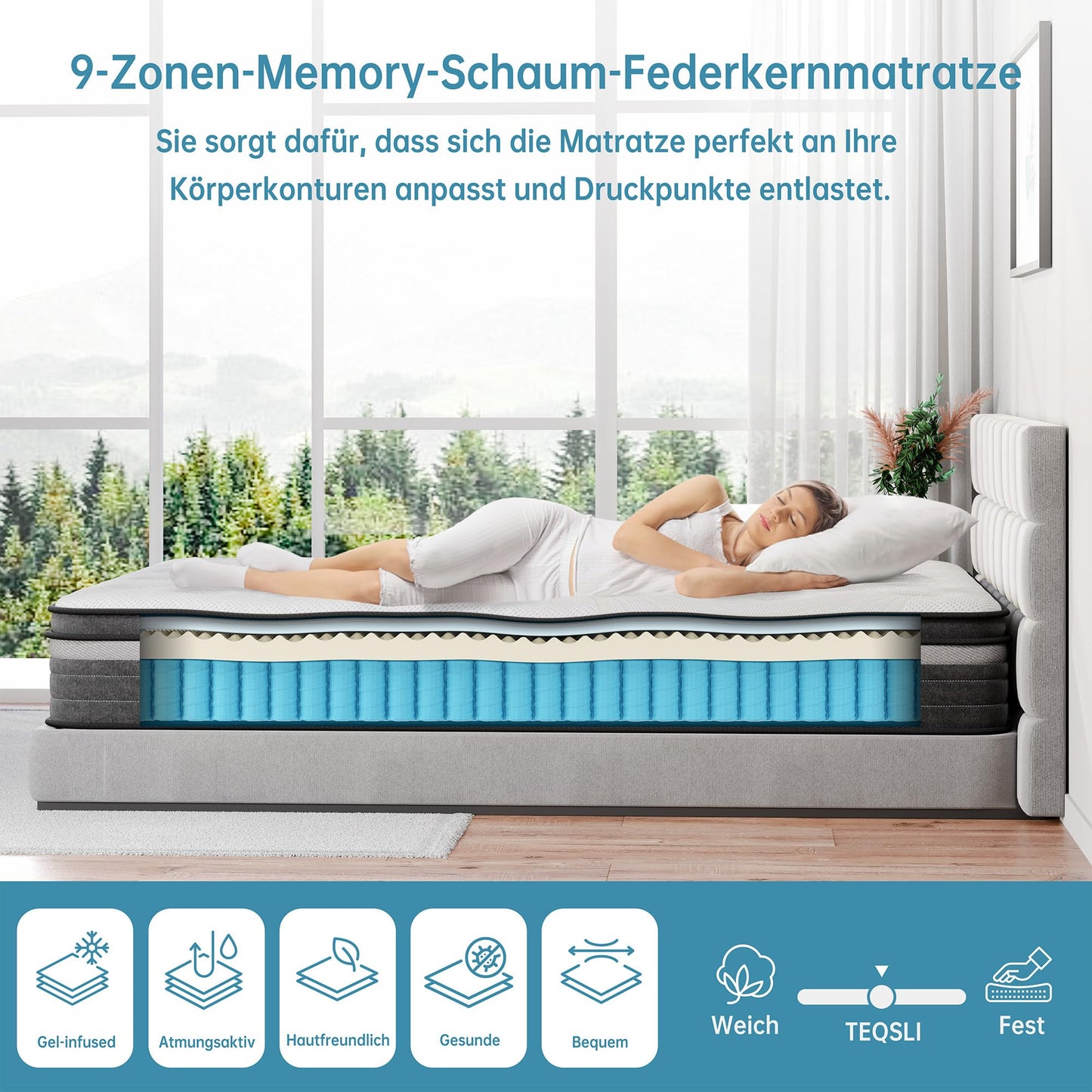 TeQsli Gel Taschenfederkernmatratze 140x200 cm 25 cm Höhe 9-Zonen Matratze H3 H4 Härtegrad, Orthopädische & Ergonomische Federkernmatratze mit Gel-Memory-Schaum, Öko-Tex & CertiPUR Zertifiziert