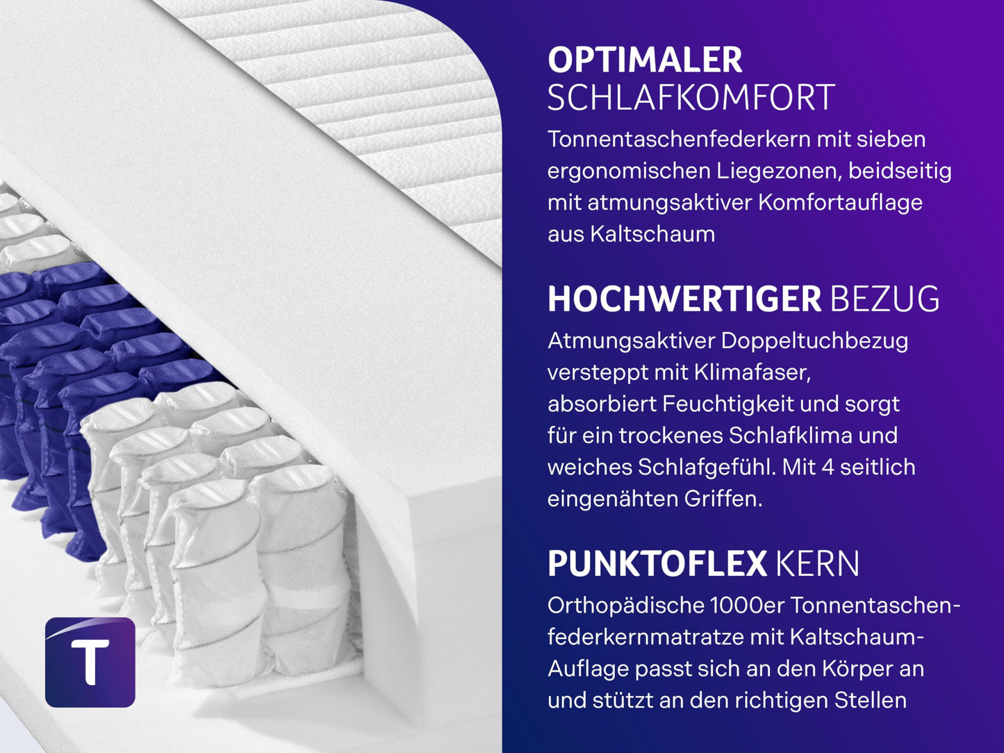 Traumnacht Exklusiv 7-Zonen 1.000er Tonnentaschenfederkernmatratze, Stiftung Warentest Testurteil Gut - Ausgabe 10/2023, 23 cm Premiumhöhe, Öko-Tex zertifiziert, Härtegrad 4 (H4), 90 x 200 cm