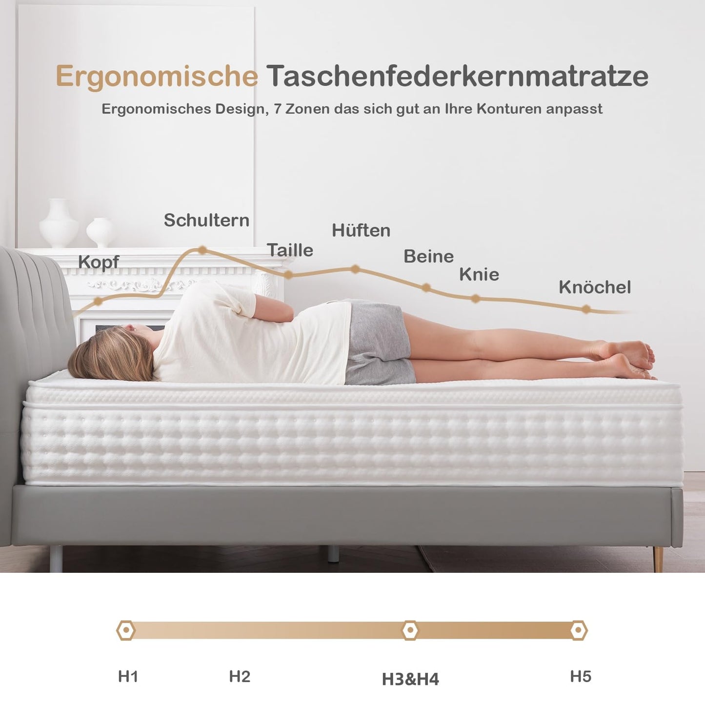 Hiepunos Matratze 140x200 cm 26cm Höhe 7-Zonen Federkernmatratze Orthopädische Taschenfederkernmatratze mit Comfort Memory-Schaum Schicht, Härtegrad H3, Rückenentlastende, 100 Nächte Probeschlafen