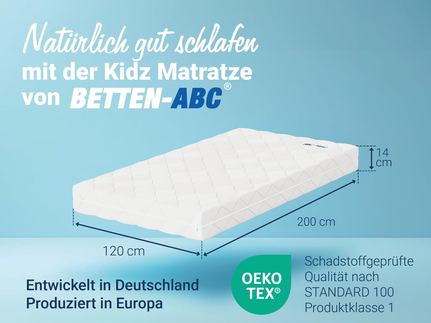 Betten-ABC - Matratze für Kinder & Jugendliche - 120x200 cm - Spezieller Härtegrad & Oeko-TEX-Zertifiziert - Optimale Hygiene Dank abnehmbarem & waschbarem Polyester-Bezug - Lieferung per Paket