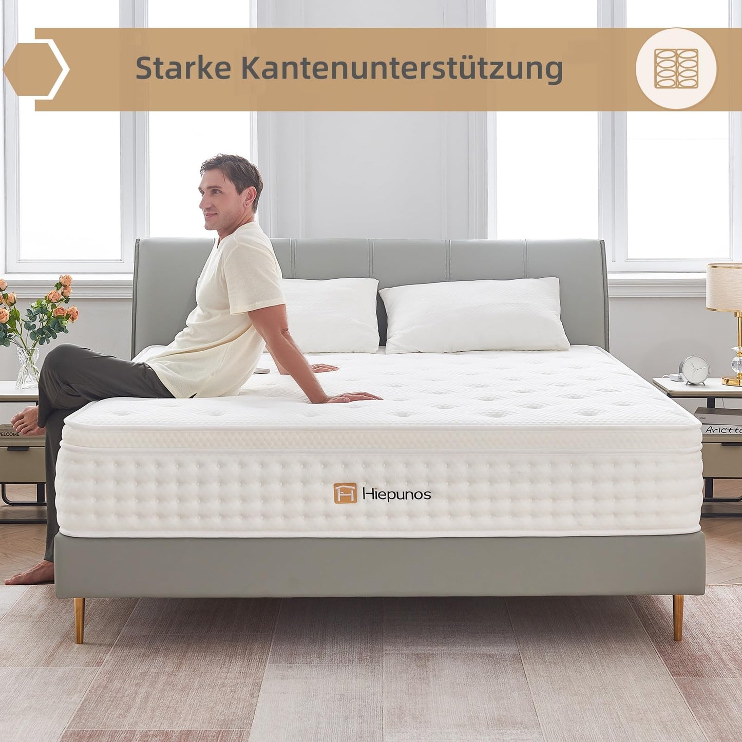 Hiepunos Matratze 140x200 cm 26cm Höhe 7-Zonen Federkernmatratze Orthopädische Taschenfederkernmatratze mit Comfort Memory-Schaum Schicht, Härtegrad H3, Rückenentlastende, 100 Nächte Probeschlafen