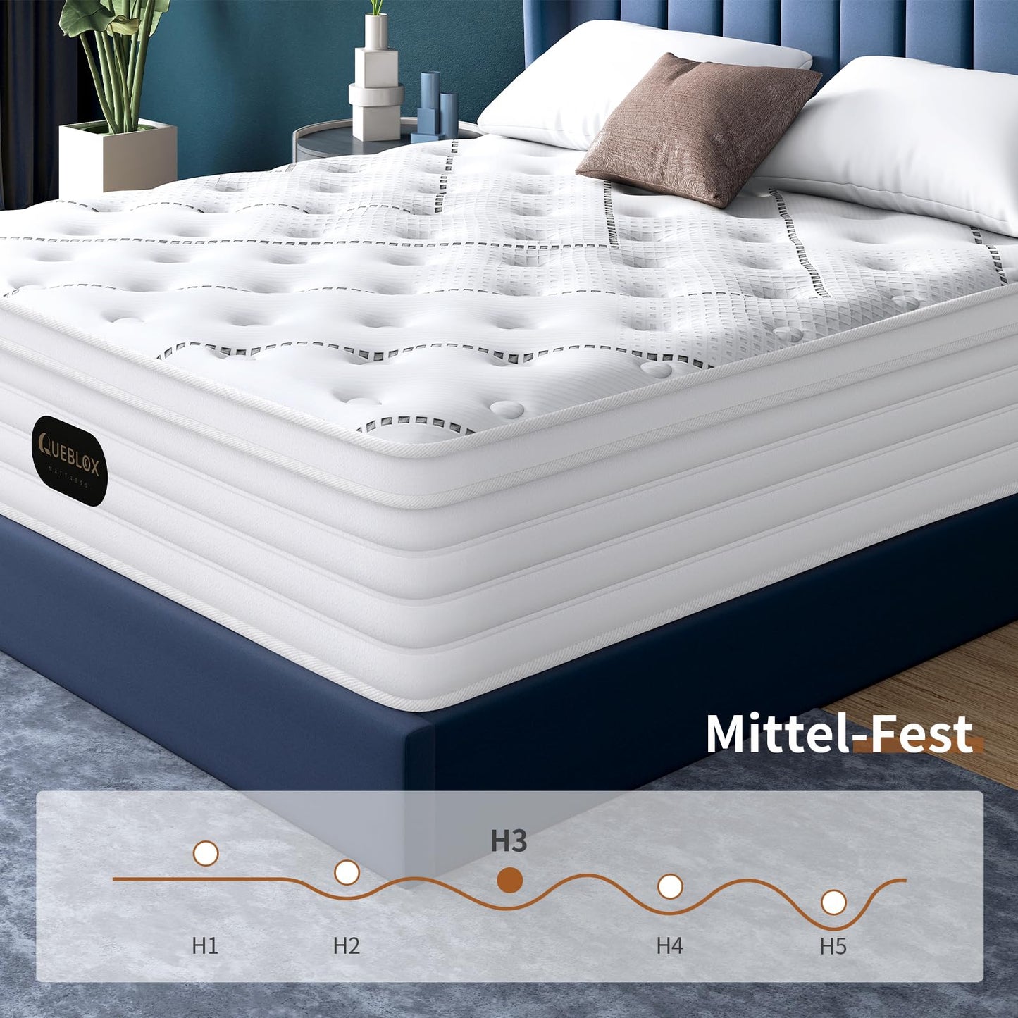 Queblox Matratze 180 x200, Höhe 28cm mit Oeko-TEX Zertifiziert, 7 Zonen Taschenfederkernmatratze mit Komfortschaum, Gewebe mit weicher Oberfläche Matratze für Erwachsene, Härtegrad H3