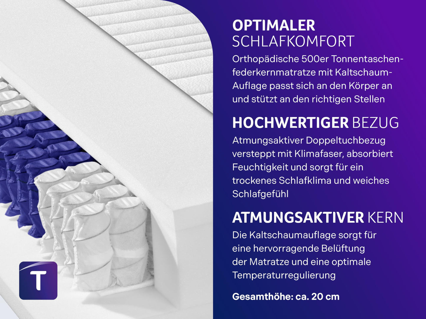 Traumnacht Premium 7-Zonen 500er Tonnentaschenfederkernmatratze, Härtegrad 4 (H4), 100 x 200 cm, Öko-Tex Zertifiziert, produziert nach deutschem Qualitätsstandard